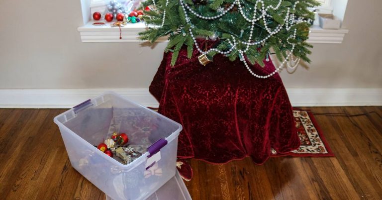 a half-empty plastic storage tub has holiday decor and ornaments in it next to a Christmas tree