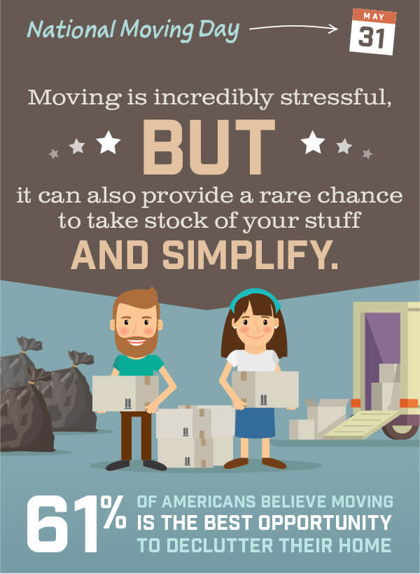 Moving is incredibly stressful, but it can also provide a rare chance to take stock of your stuff and simplify. 61% of Americans believe moving is the best opportunity to declutter their home.