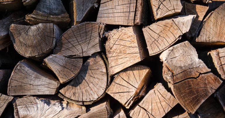 Neatly stacked pile of seasoned firewood.