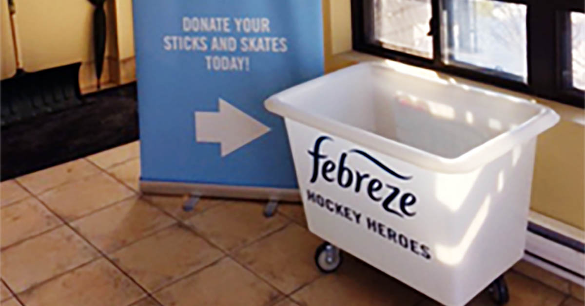 A bin for hockey stick and skate donations. 