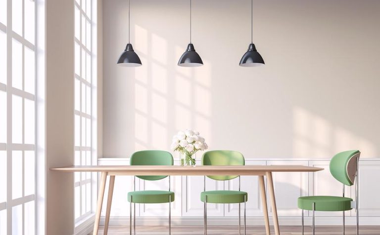 Modern kitchen design with green chairs and light wood table