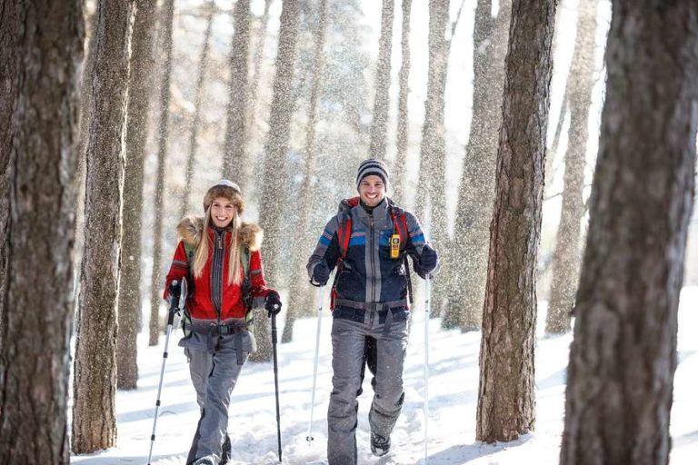 Couple hiking in snowy forest