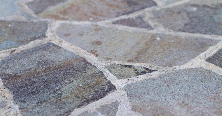 A close-up shot of a flagstone patio