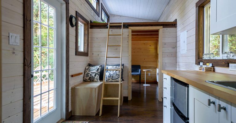 An interior view of a rustic tiny home.