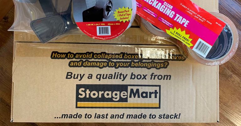 a StorageMart box with packing tape