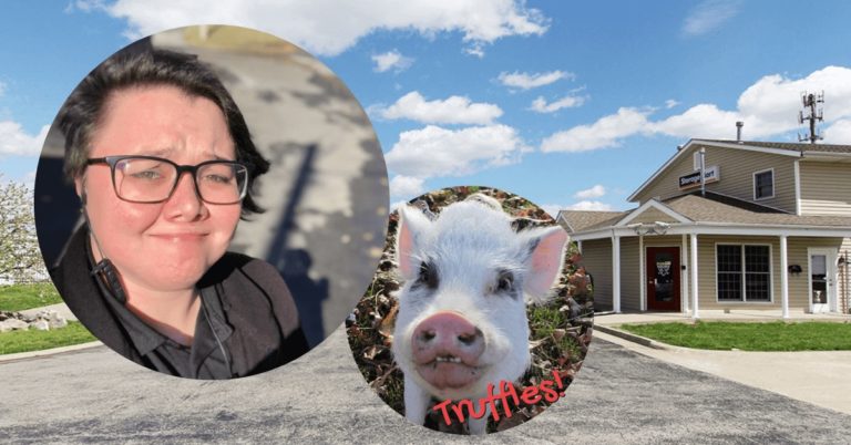 Worley StorageMart Property Manager Jessi Hynes and her pet pig Truffles