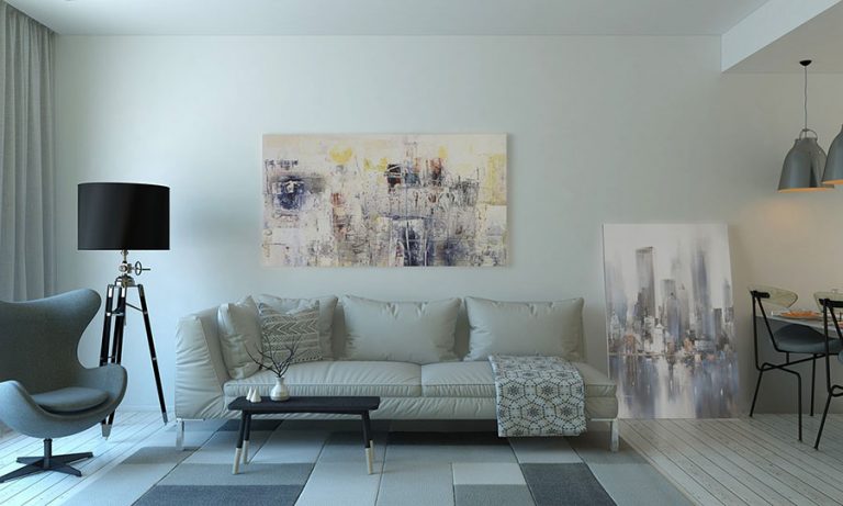 a living room with wall art