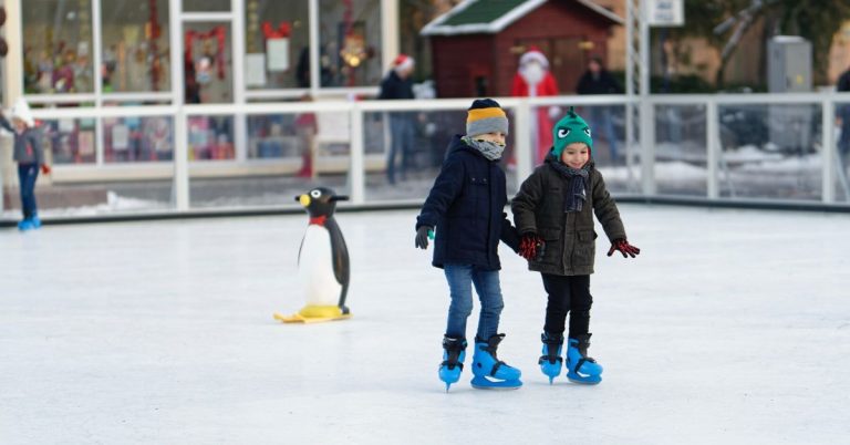 Two children inside of ice skating rink.