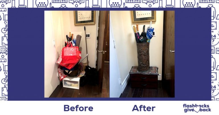 A before and after showing a newly organized entryway.