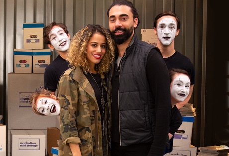 Mimes surround Nahabed and Jamie in their convenient storage unit.