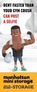 A muscular cartoon character flexes their muscles and holds a gallon jug of water below text that reads "Rent faster than your gym crush can post a selfie."