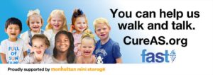 a group of children with Angelman Syndrome next to text that reads "You can help us walk and talk. CureAS.org."