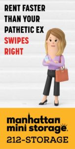 A cartoon character stands on steps with their arms crossed and holding a purse. They are next to text that reads "Rent faster than your pathetic ex swipes right."