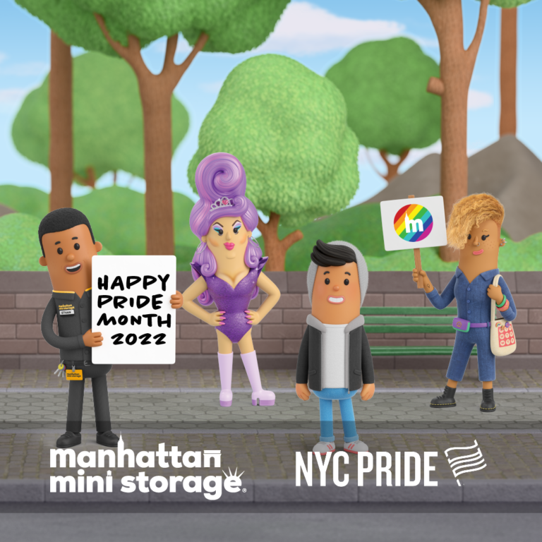 Four animated characters stand on a park sidewalk holding a sign with a rainbow Manhattan Mini Storage logo and a sign that reads “Happy Pride Month 2022.” The Manhattan Mini Storage and NYC Pride logos are displayed at the bottom.
