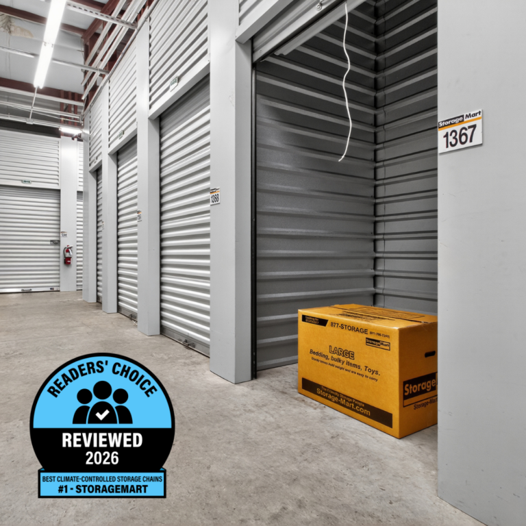 StorageMart box inside clean climate controlled storage unit. Reviewed Readers' Choice Best Climate Controlled Storage Chain Badge